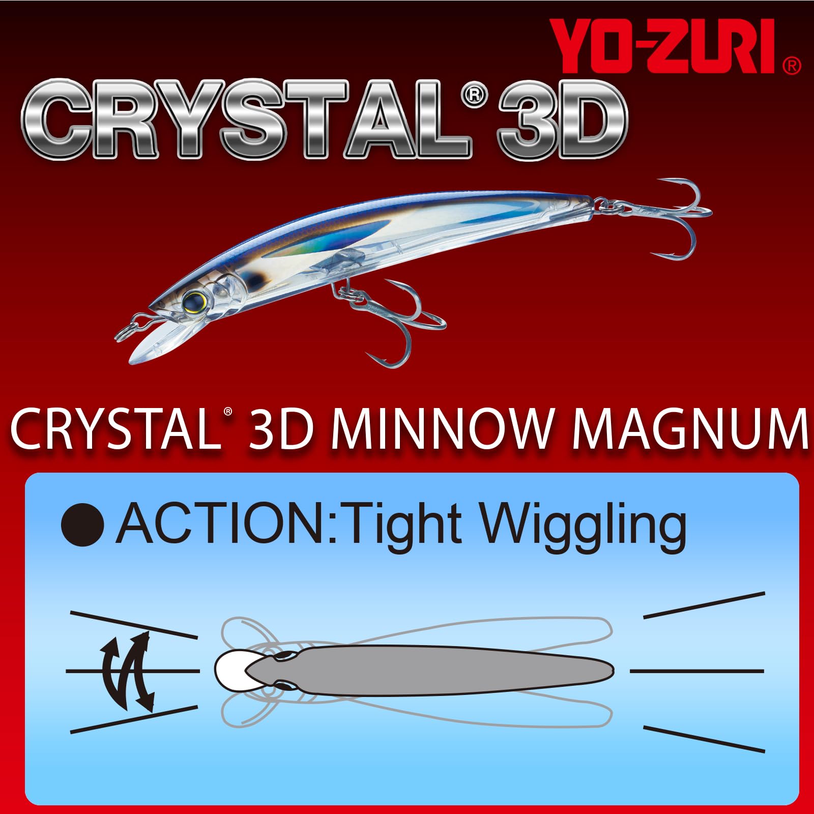 Yo-Zuri Crystal 3D Minnow Diver action darts with depth reach for mid-water targets.