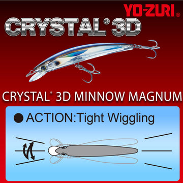 Yo-Zuri Crystal 3D Minnow Diver action darts with depth reach for mid-water targets.