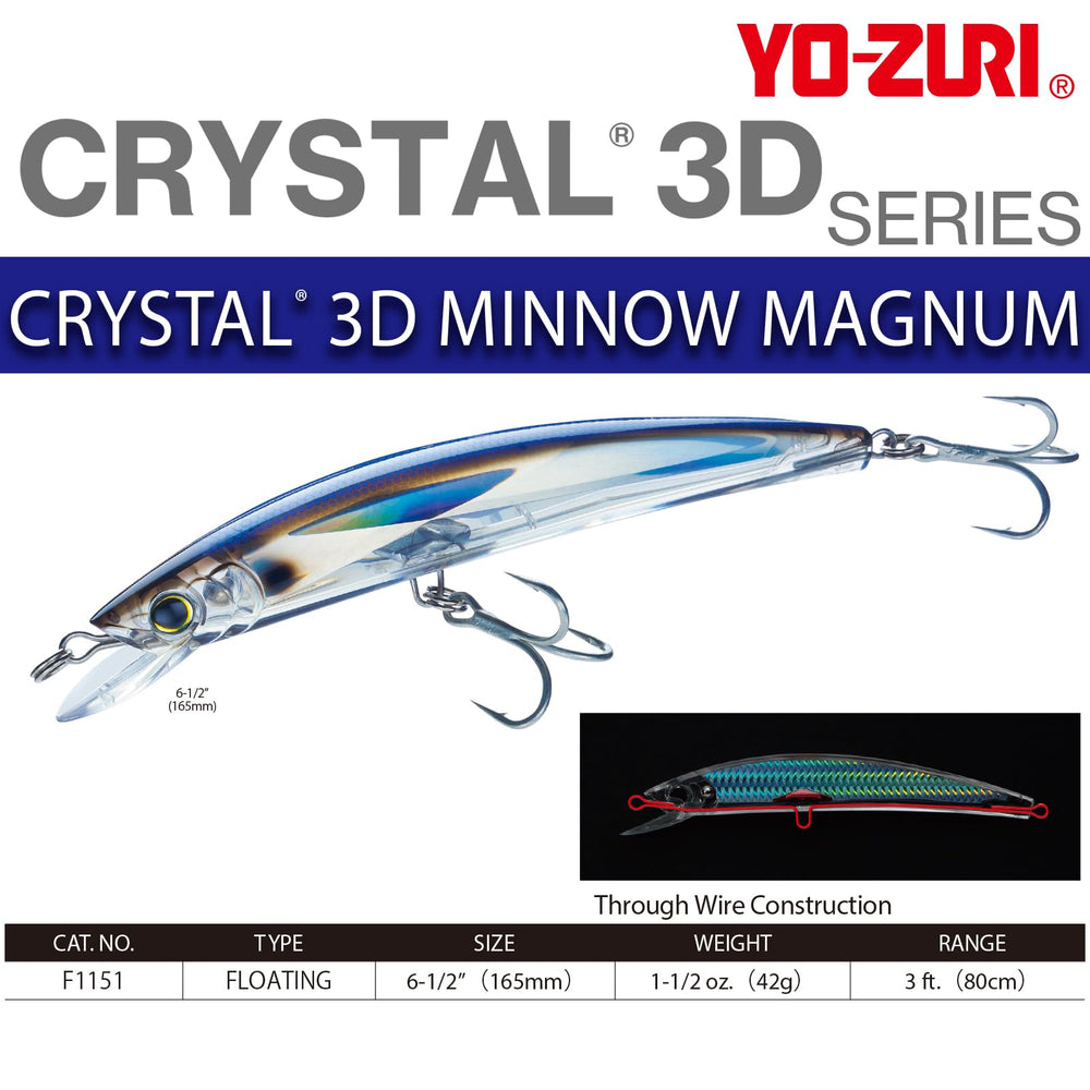 Duel Yo-Zuri Crystal 3D Minnow Magnum side action shows lifelike darting for mid-water depths, attracting fish.