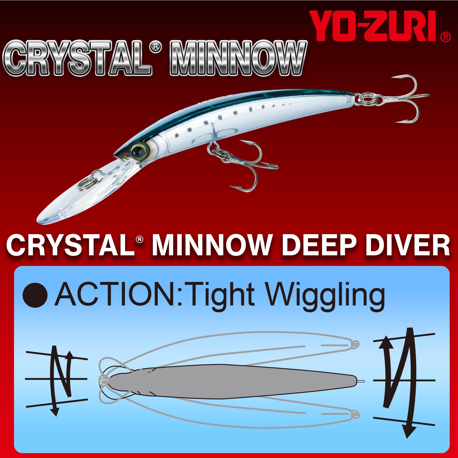 Duel Yo-Zuri Crystal Minnow Deep Diver bone action close-up highlights lifelike wobble.