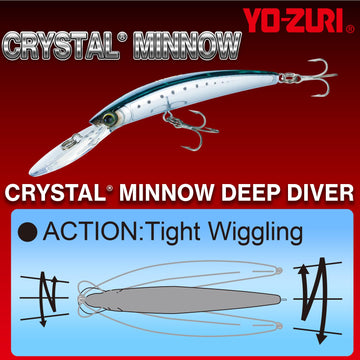 Duel Yo-Zuri Crystal Minnow Deep Diver bone action close-up highlights lifelike wobble.