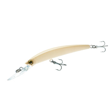 Duel Yo-Zuri Crystal Minnow Deep Diver bone side view with lifelike flash.