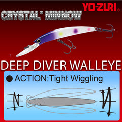 Yo-Zuri Crystal Minnow Deep Diver with black nickel hooks for durability.