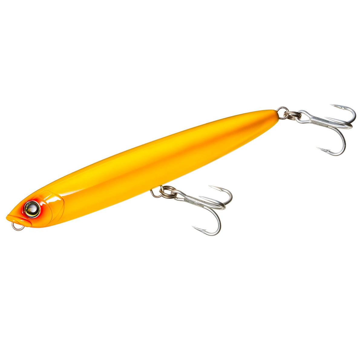 Duel YO-ZURI yellow floating lure front view showing gravity system for longer casts.