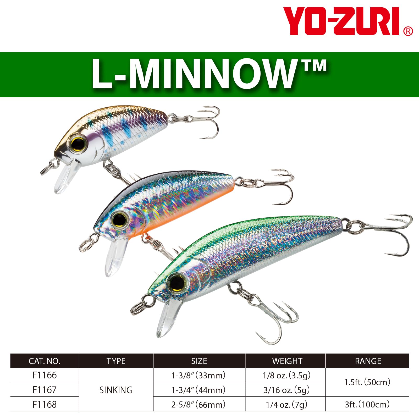 Duel Yo-Zuri L Minnow 66mm green-silver-orange side profile with detailed scales.
