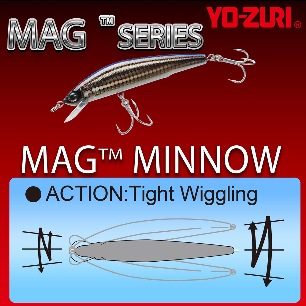 Duel Yo-Zuri Mag Minnow holographic finish catches light during retrieves for visibility.