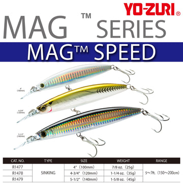 Duel Yo-Zuri Mag Speed 100mm through-wire construction with saltwater-grade hooks.