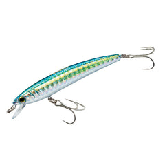 Yo-Zuri Pins Minnow Green Gold front view highlighting long-casting capability in shallow water