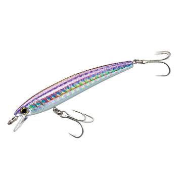 Duel Yo-Zuri Pins Minnow Purple 90mm lure ready for versatile casting in lakes.