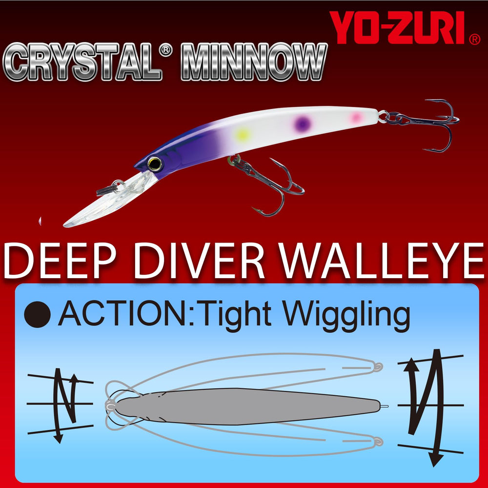 Duel Yo-Zuri R1301-BT Crystal Minnow deep diver walleye action shot highlights lifelike wobble.