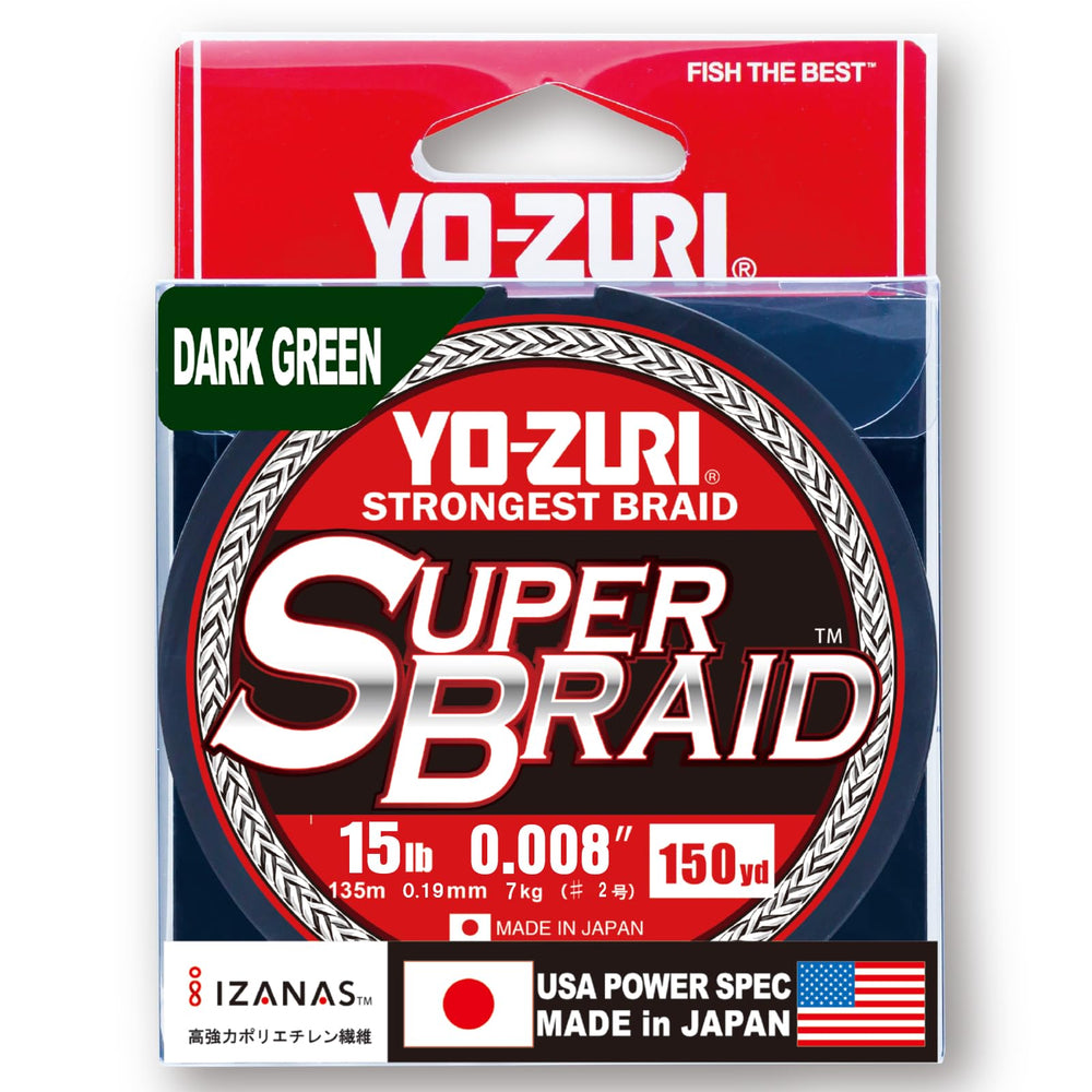 Duel Yo-Zuri SuperBraid 150-yard spool in dark green for murky water durability.