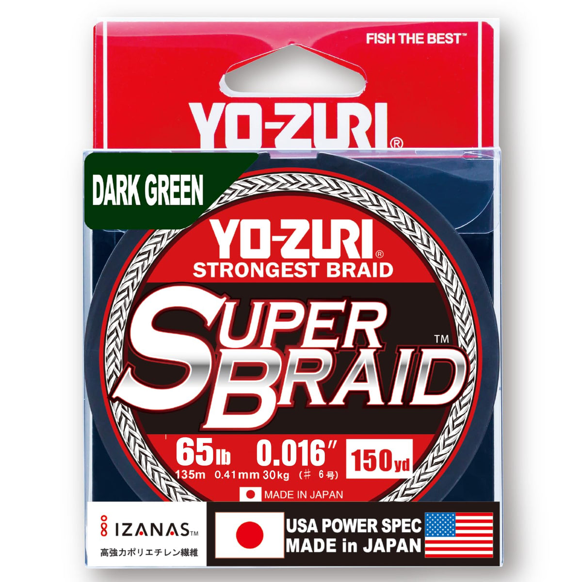 Duel Yo-Zuri Superbraid 150yd dark green on a reel, showcasing strength and abrasion resistance.