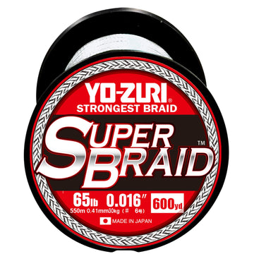 Duel Yo-Zuri Superbraid 600 yd white 65 lb spool; smooth, strong line for long casts.