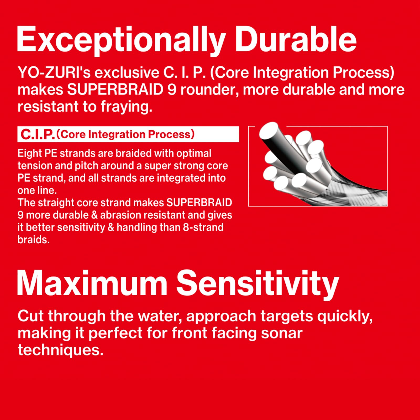 Duel Yo-Zuri SuperBraid 9 core design close-up, 8+1 construction for strength.