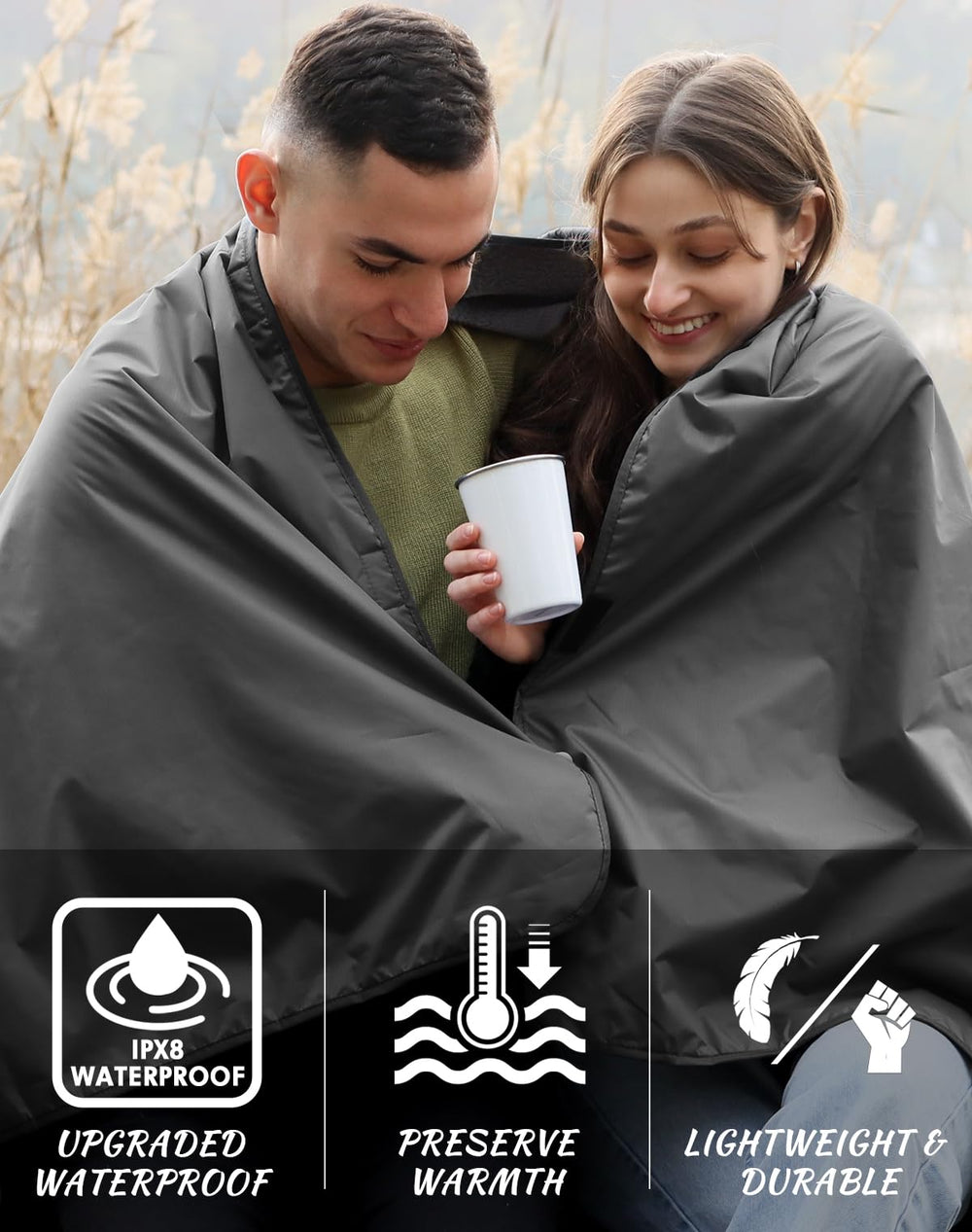 DUKUSEEK blanket laid on a beach/picnic scene for versatile outdoor use
