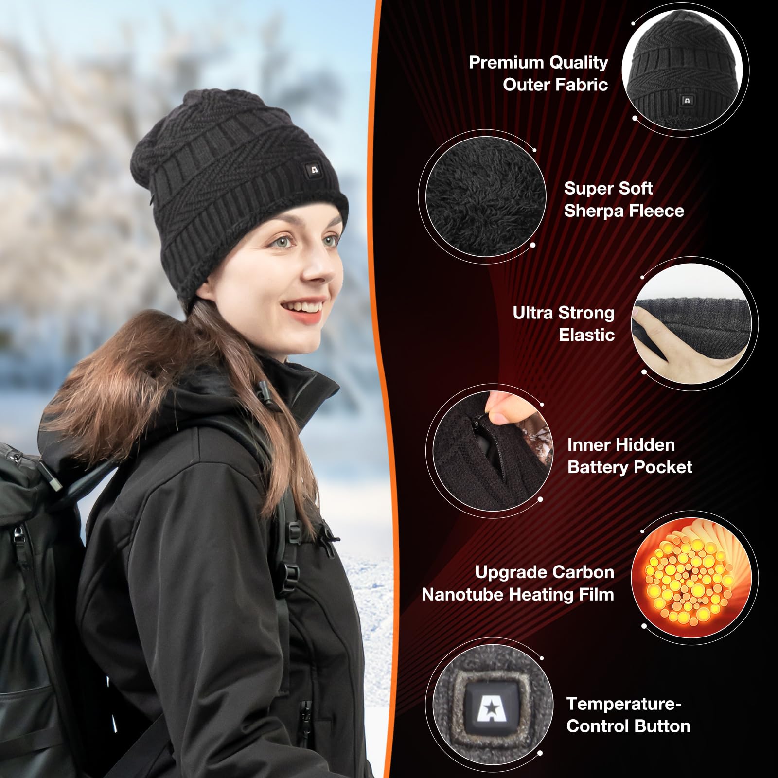 DUKUSEEK heated beanie folded in a bag ready for travel warmth