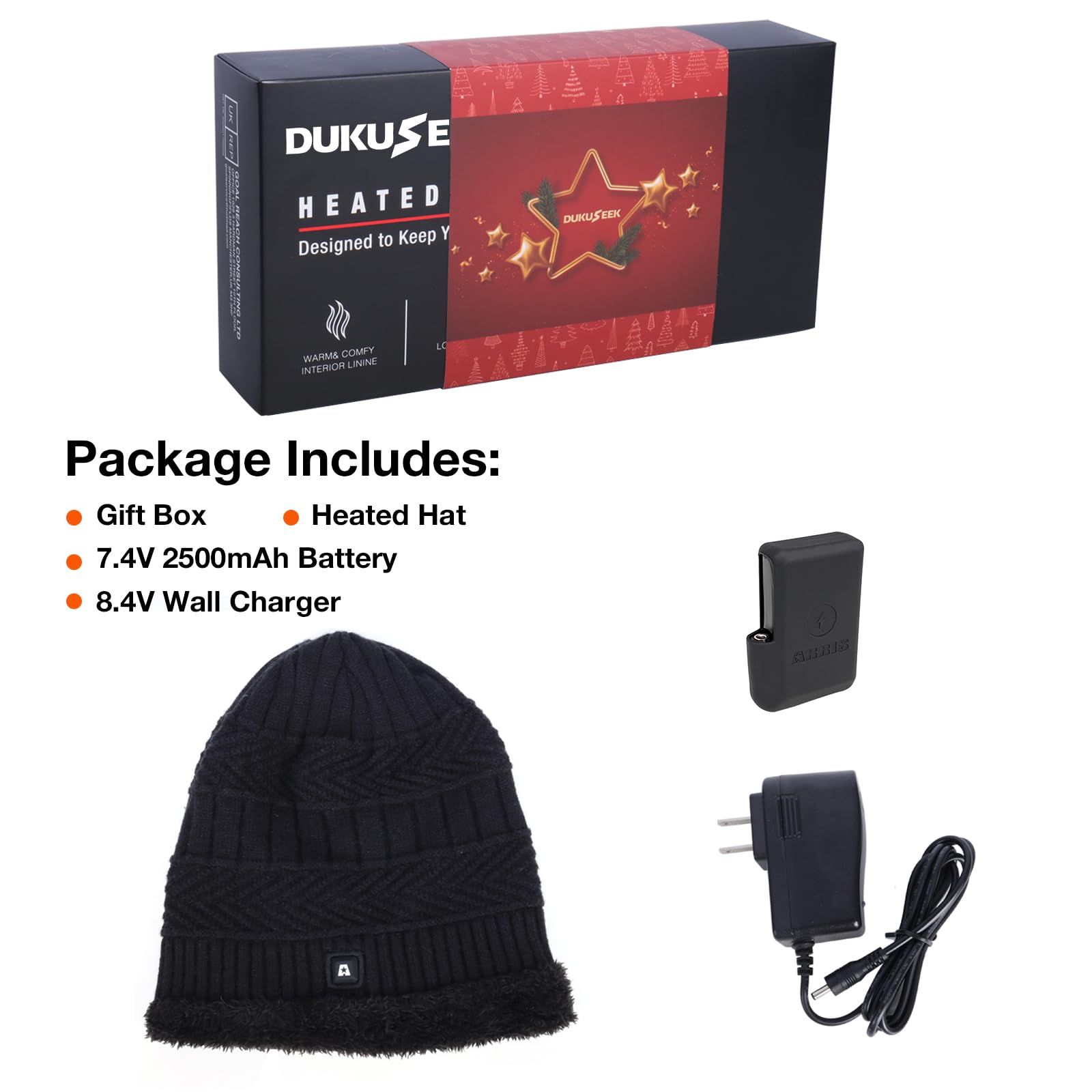 DUKUSEEK heated beanie packaging showing easy setup and use