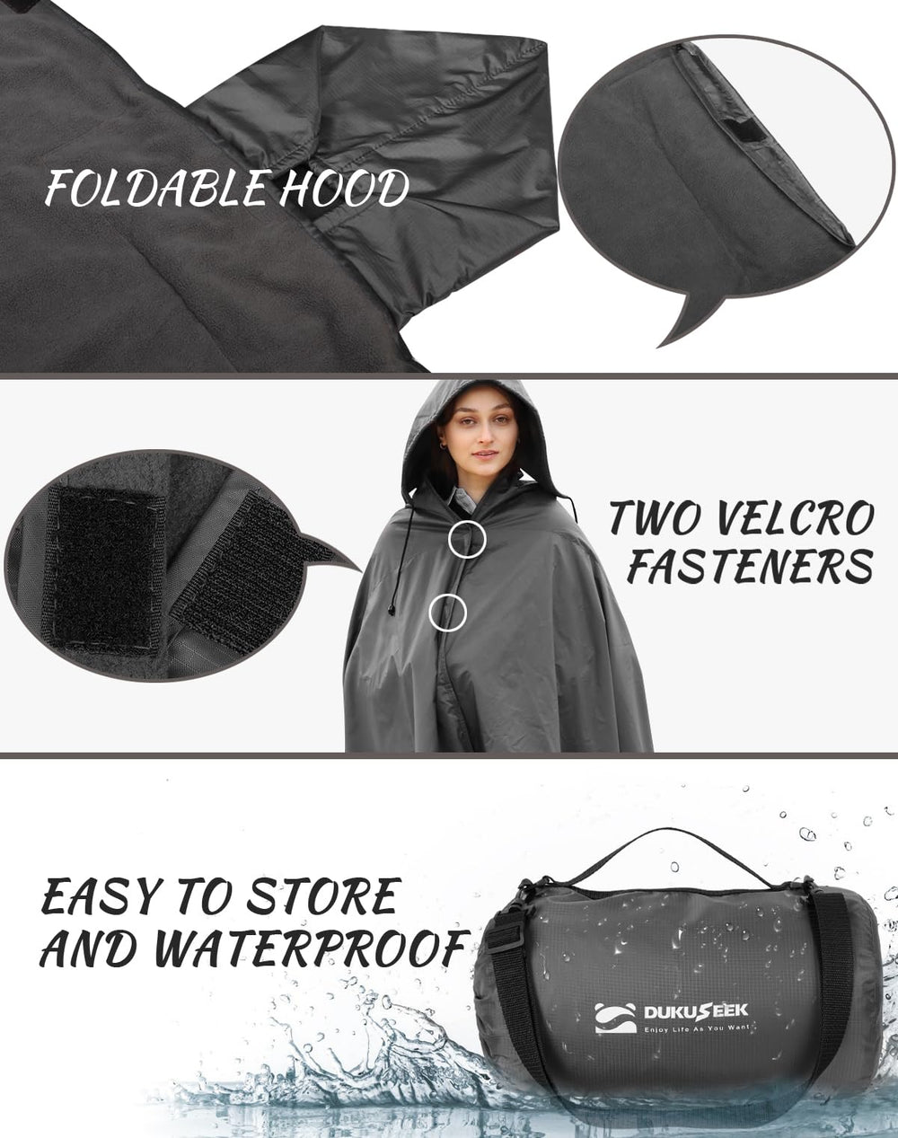 DUKUSEEK blanket in poncho mode ready to be worn as wearable rain cover