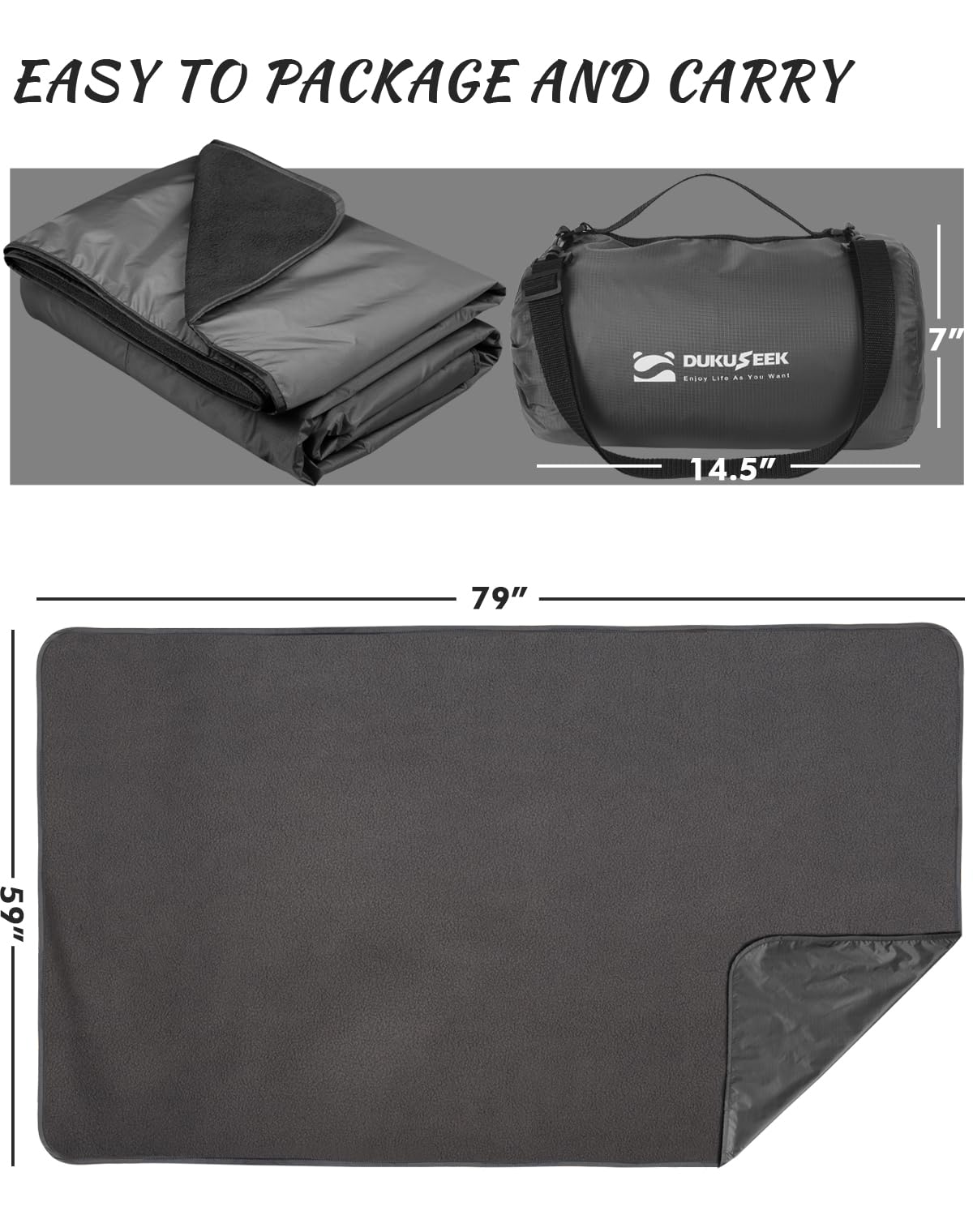 DUKUSEEK waterproof outdoor blanket highlighting PU3000 windproof layer for wet-weather comfort