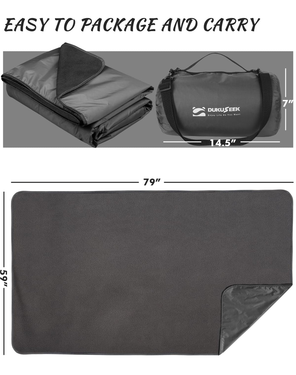 DUKUSEEK waterproof outdoor blanket highlighting PU3000 windproof layer for wet-weather comfort