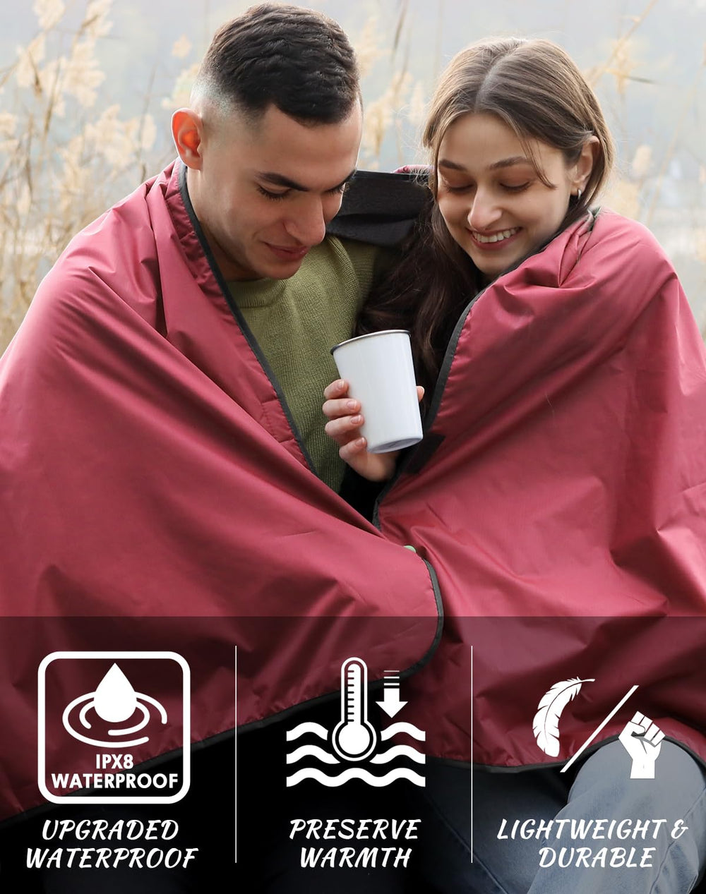 DUKUSEEK waterproof outdoor blanket keeps you dry during rain.