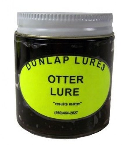 Dunlap's Otter Lure bottle pour attracts otters, handy for scent-trail alignment.