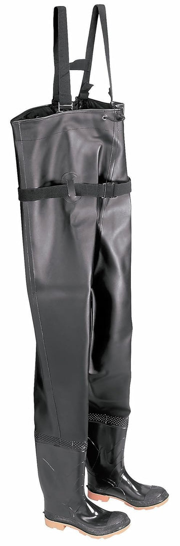 Dunlop chest wader with steel toe, black PVC, 100% waterproof, ideal for utilities and aquaculture tasks