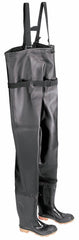 Dunlop chest wader with steel toe, black PVC, 100% waterproof, ideal for utilities and aquaculture tasks