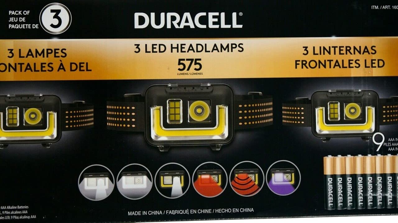DURACELL LED headlamps, front view, offer bright hands-free lighting for outdoor tasks.