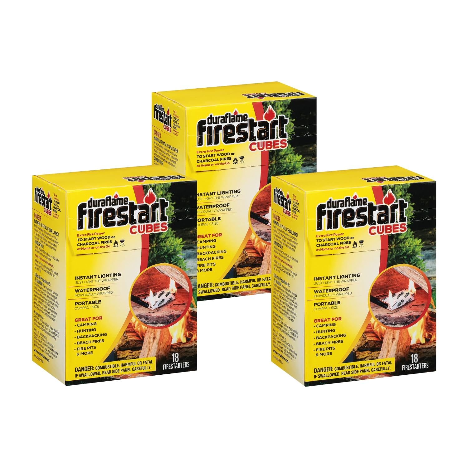 Duraflame Firestart Cubes display showing 3-pack convenience for home fires