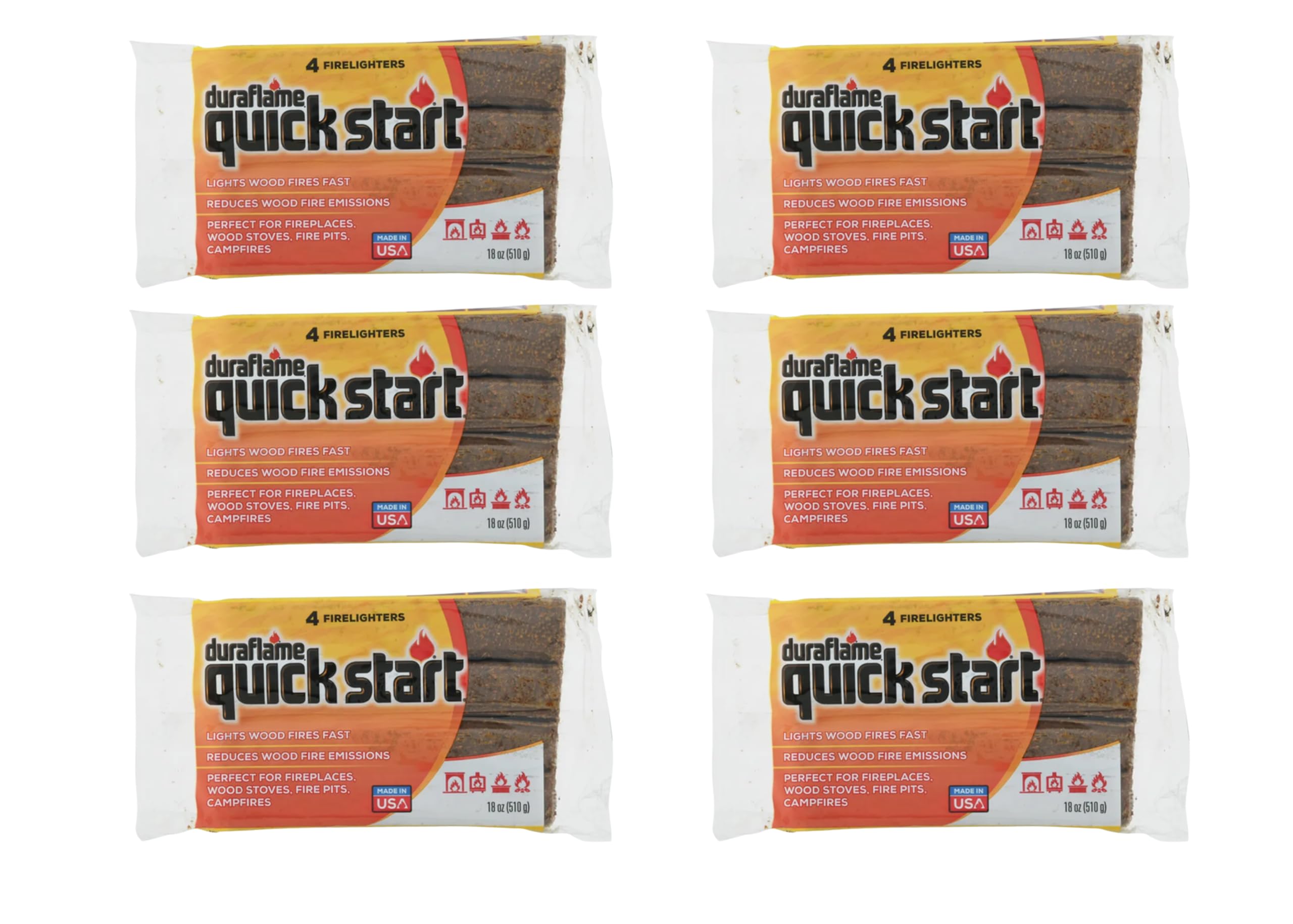 Duraflame Quick Start Firelighters 6-pack enable fast ignition for indoor fireplaces and outdoor fires.