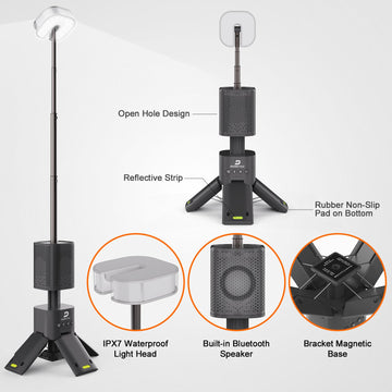 Dusktec telescopic camping light 14,000mAh battery powers long light hours and device charging.