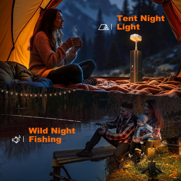 Dusktec telescopic camping light with built-in Bluetooth speaker for outdoor music.