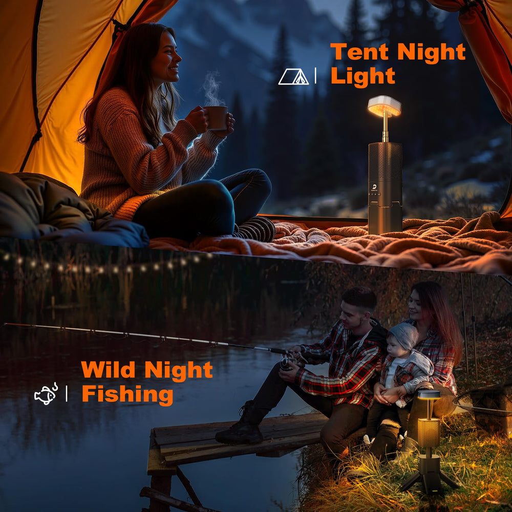 Dusktec telescopic camping light with built-in Bluetooth speaker for outdoor music.