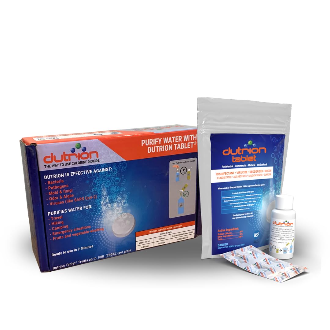 Dutrion water purification tablets in a compact pack for easy hiking use