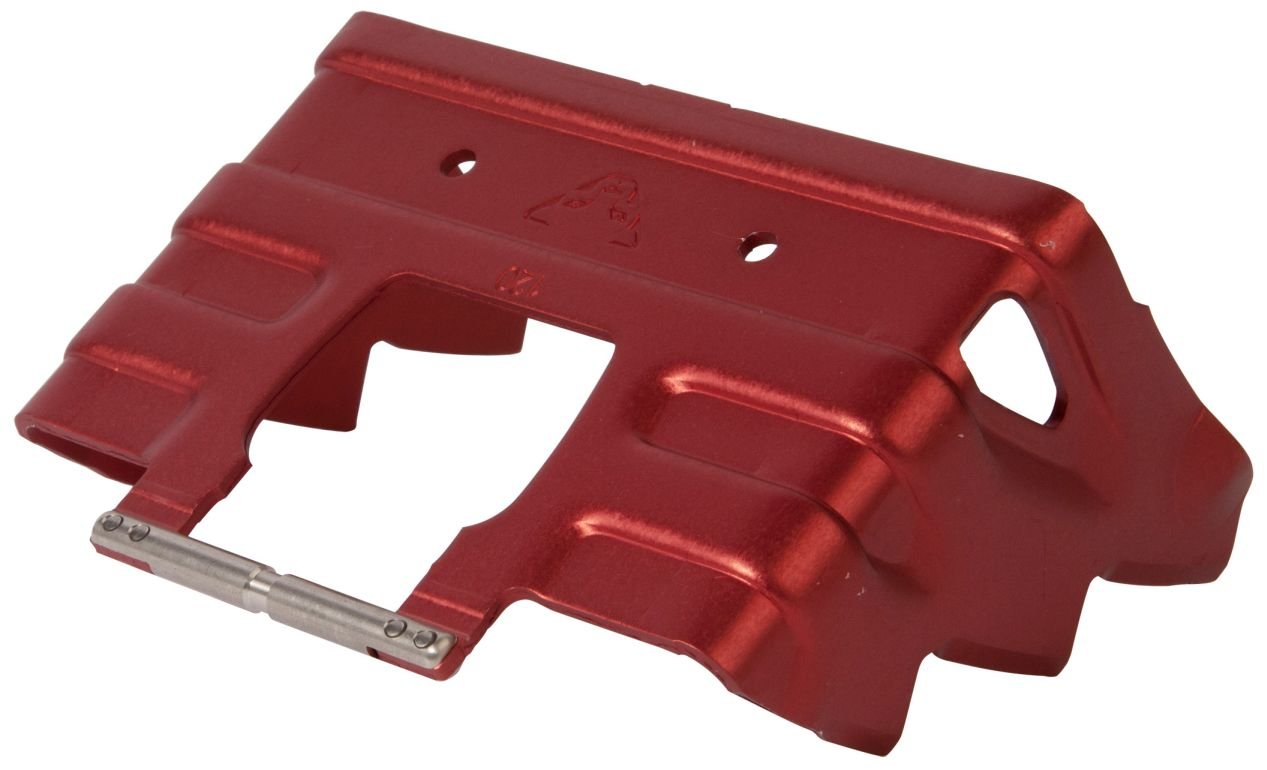 Dynafit crampons 120mm red attached to toe piece for secure ice grip on hard snow