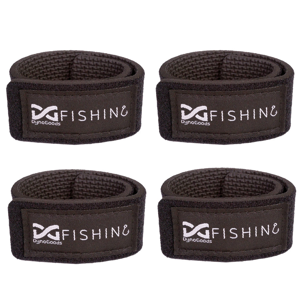 DynoGoods fishing rod straps 4-pack secure rods on a rack.