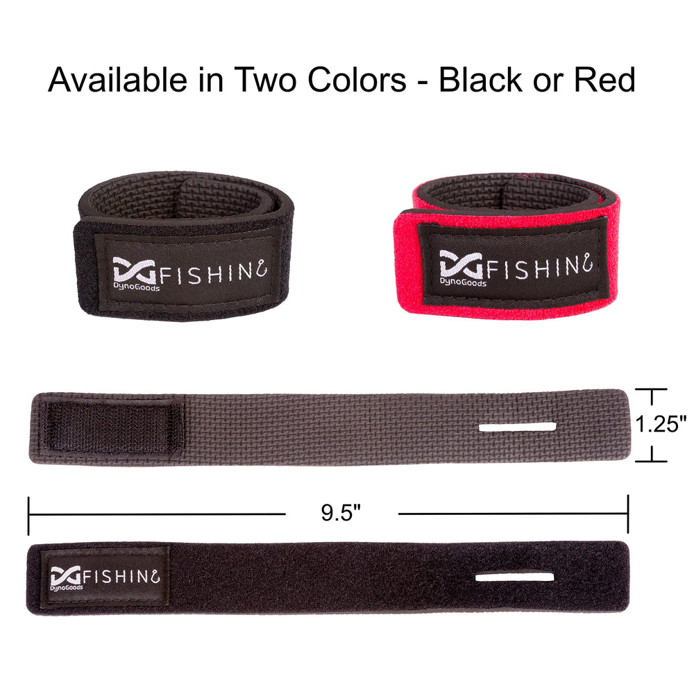 DynoGoods adjustable rod strap close-up shows flexible fit for various rods.