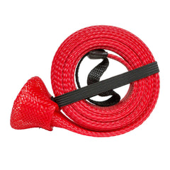 Elastic reel-end loop detail on the red sleeve