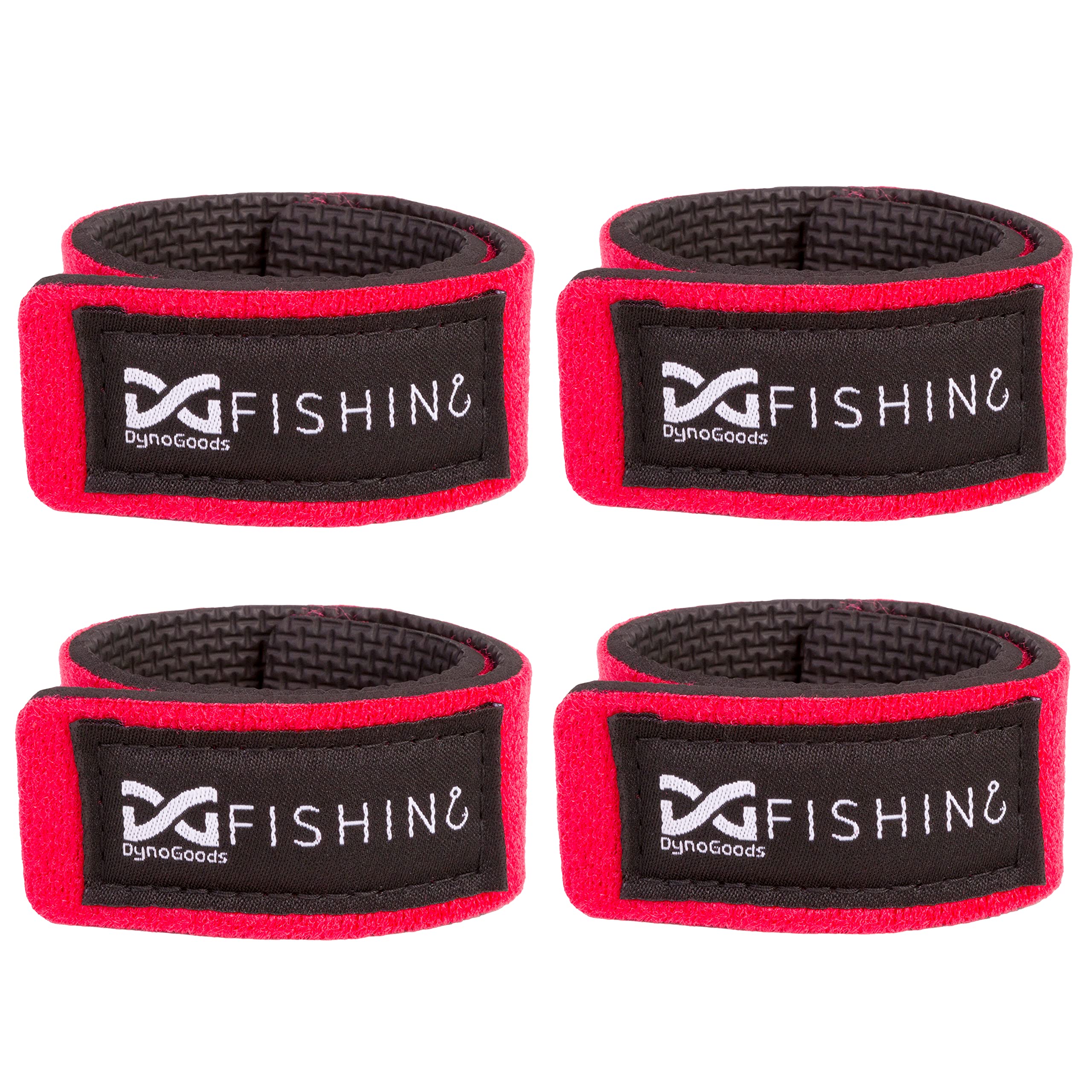 DynoGoods fishing rod straps 4-pack in red color, close-up