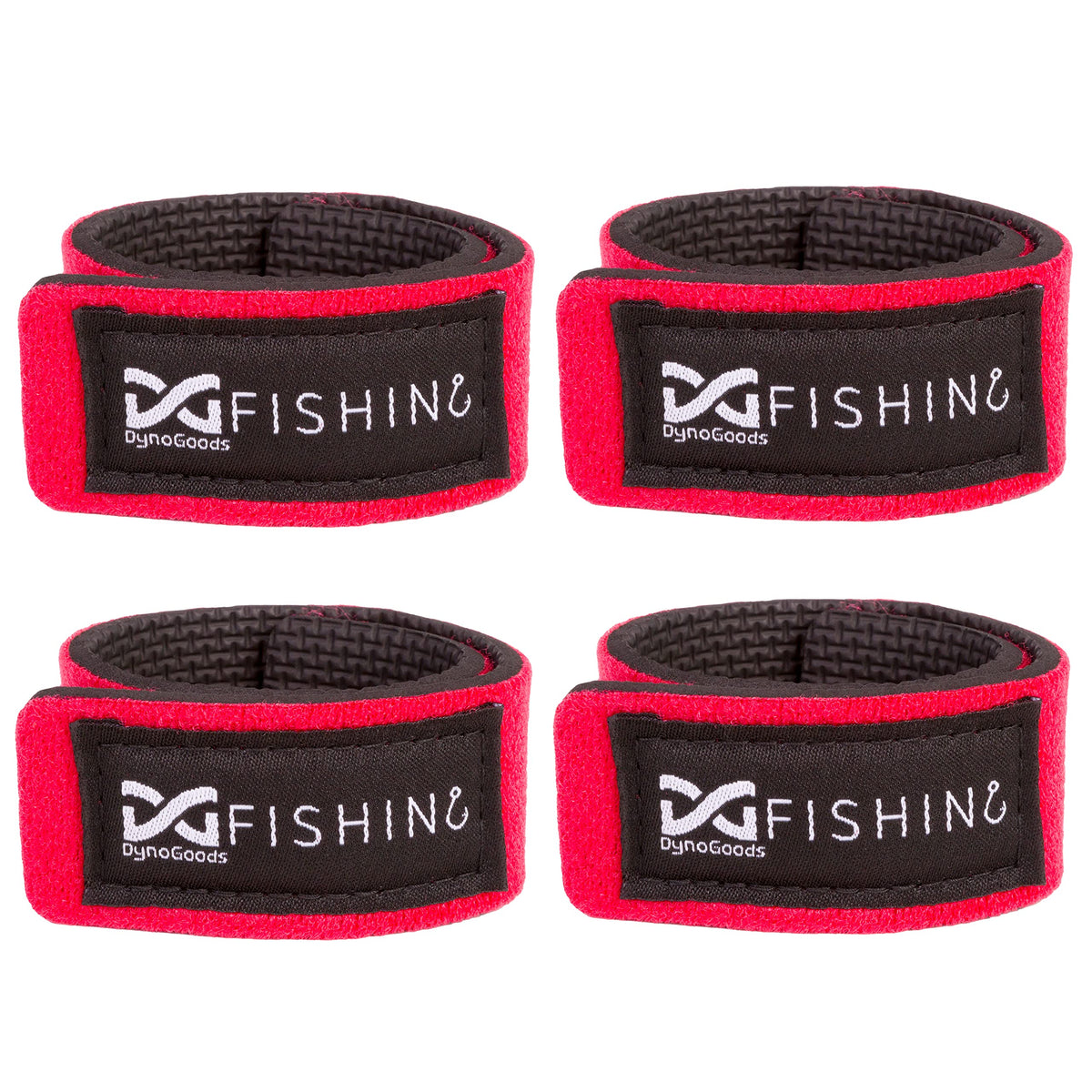 DynoGoods fishing rod straps 4-pack in red color, close-up