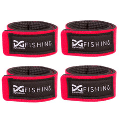 DynoGoods fishing rod straps 4-pack in red color, close-up