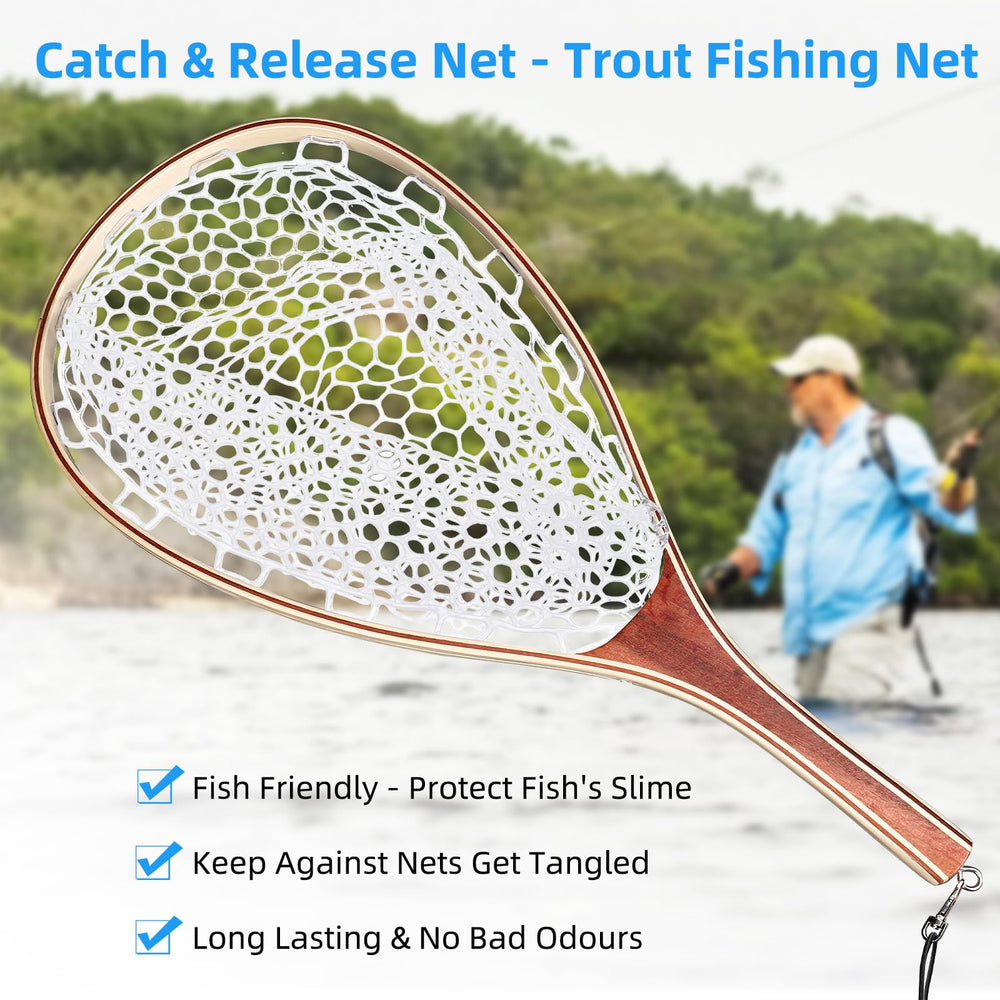 DYTesa net with wooden handle offers a secure, comfortable grip.