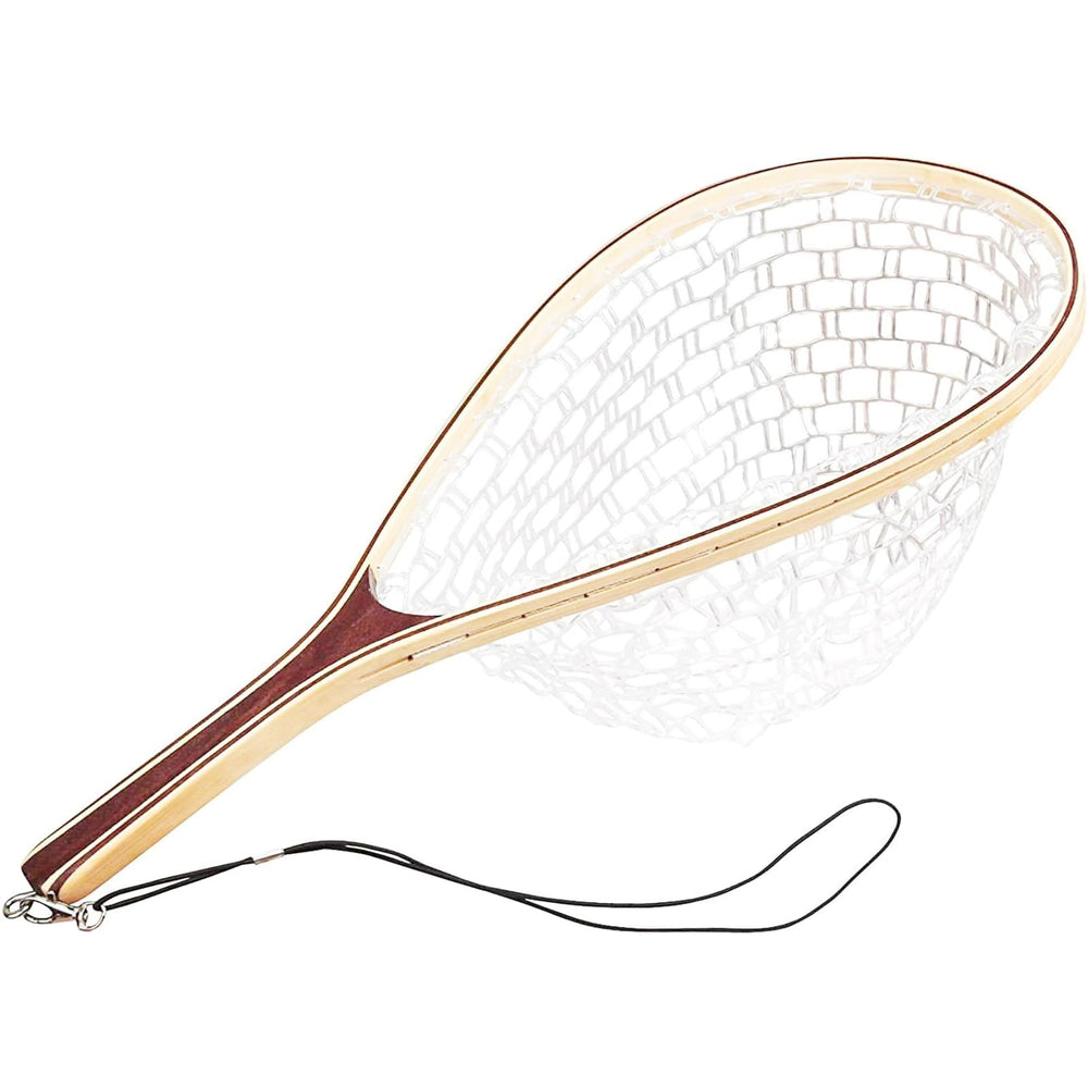 Dytesa wooden-handled rubber-mesh fishing net catching trout with a gentle release.