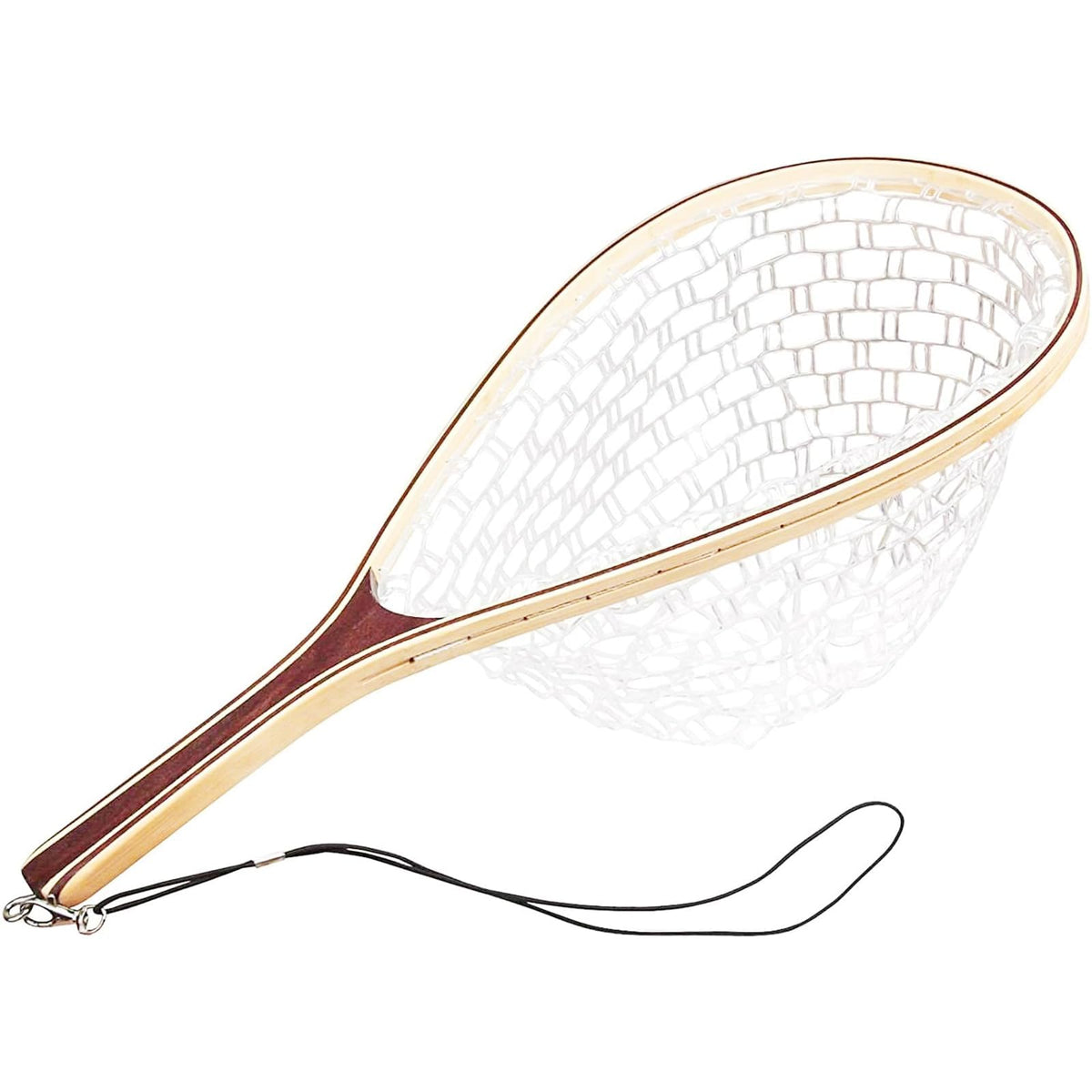 Dytesa wooden-handled rubber-mesh fishing net catching trout with a gentle release.