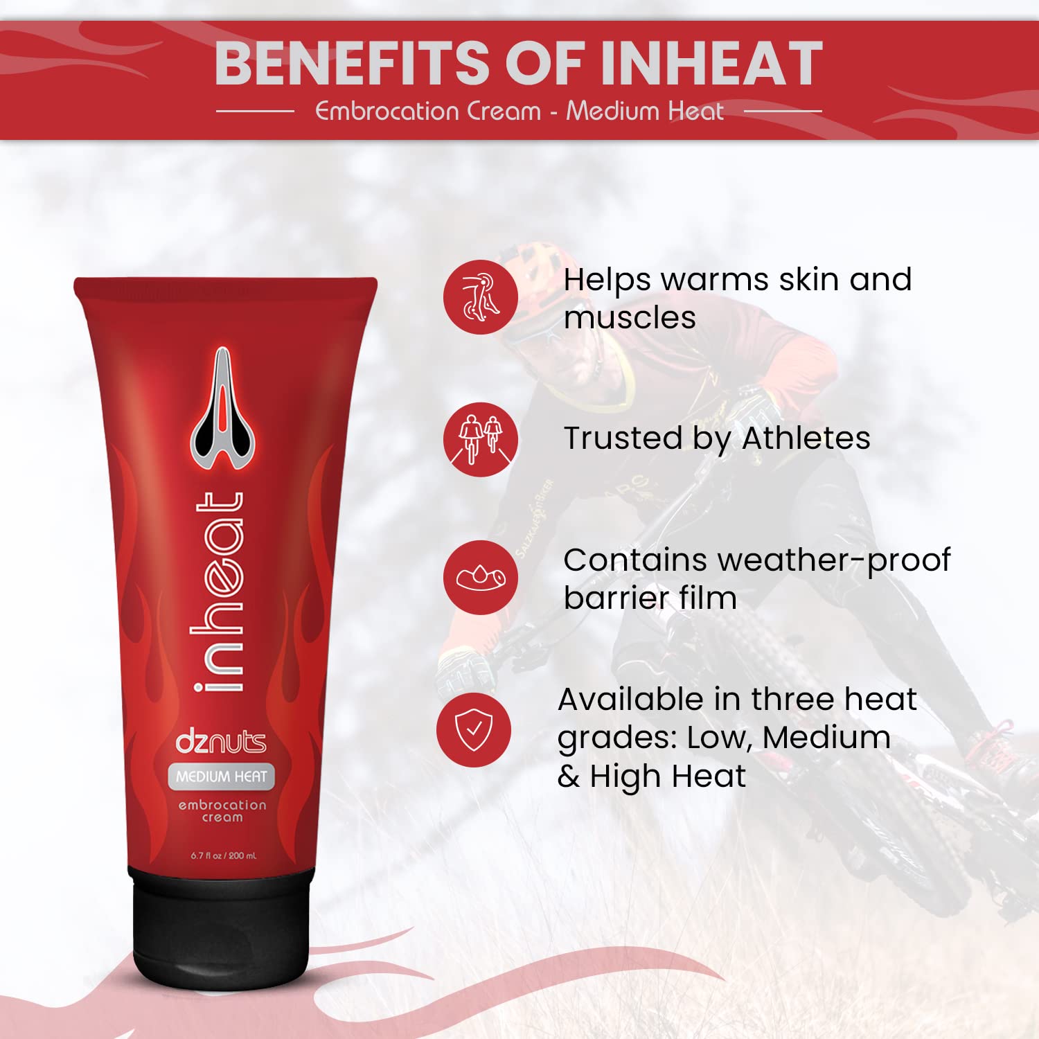 dznuts InHeat Embrocation Cream on legs keeps cyclists comfortable in cold training