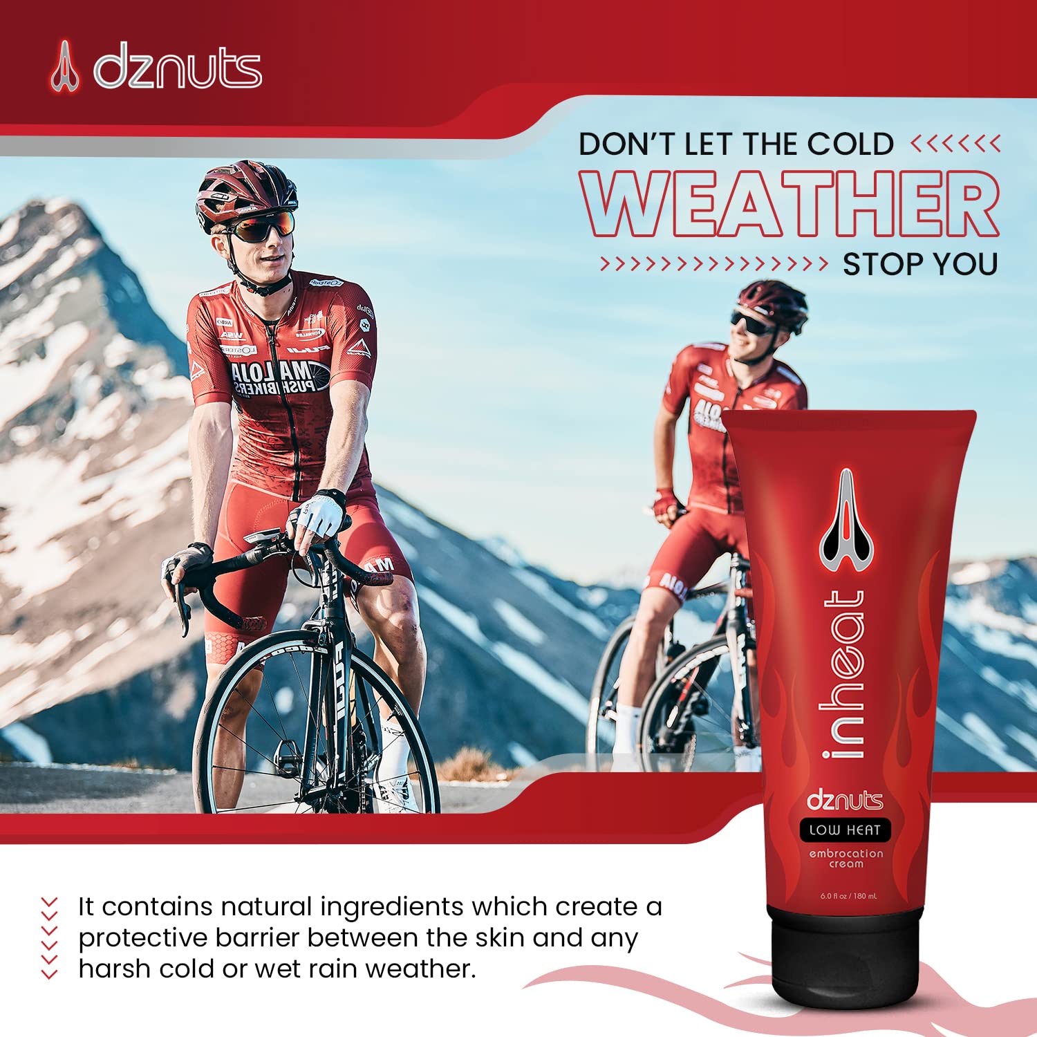 Close-up of warmth barrier layer on dznuts InHeat cream shielding skin during chilly rides.