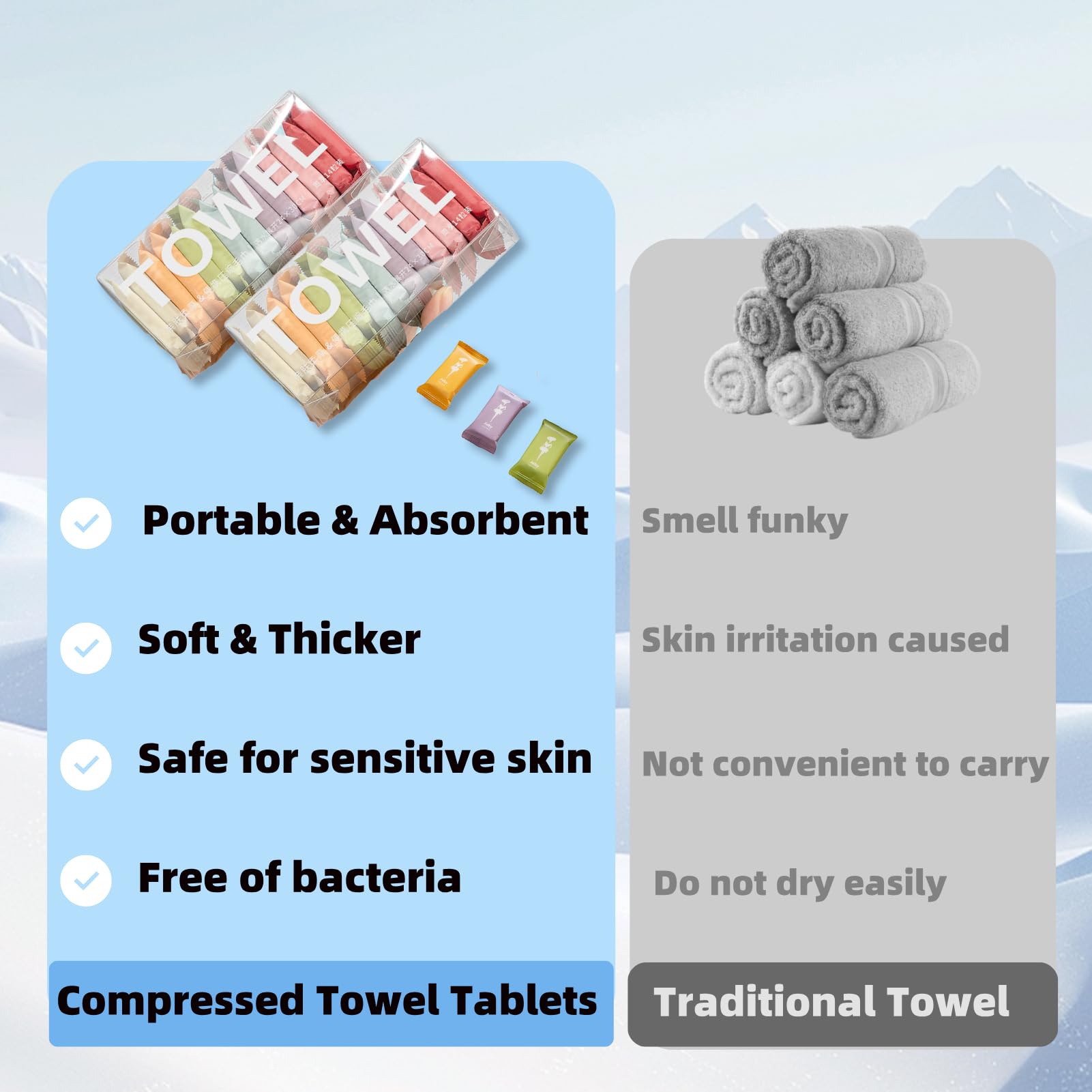 Dzronda compressed towel tablet expansion demonstrates rapid size increase with water.