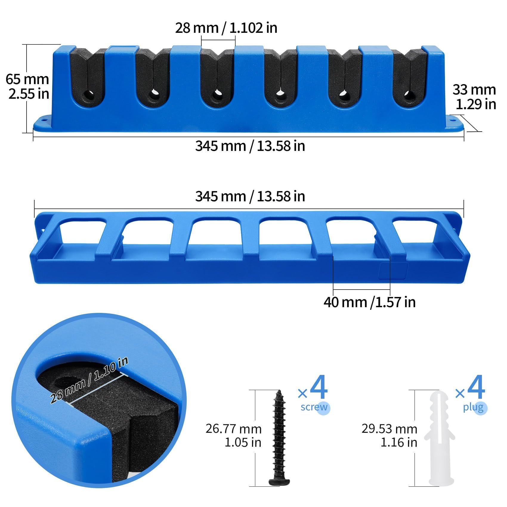 Close-up of soft EVA foam slots protecting rods