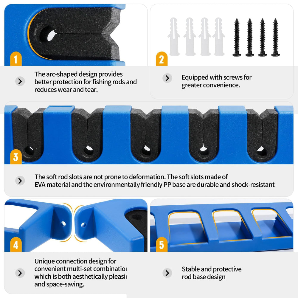 Rack holding up to 6 fishing rods of various sizes